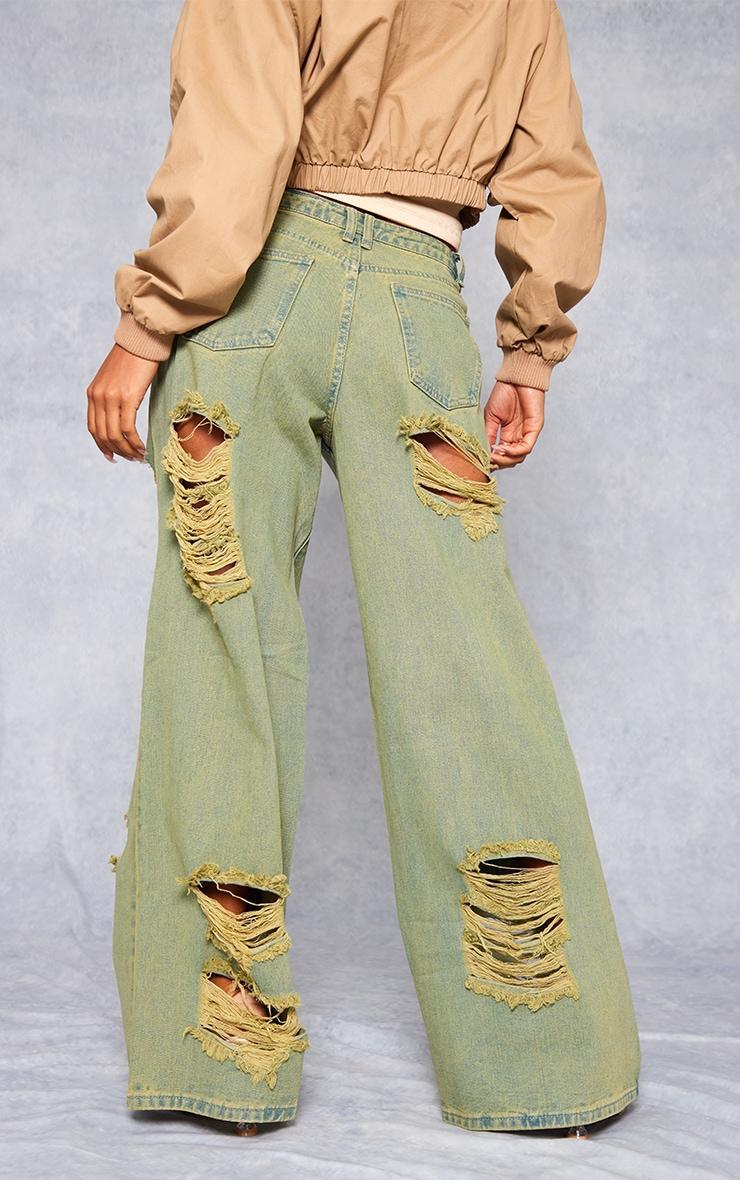 Vintage Wash Green Tint Distressed Extreme Wide Leg Jeans Product Image