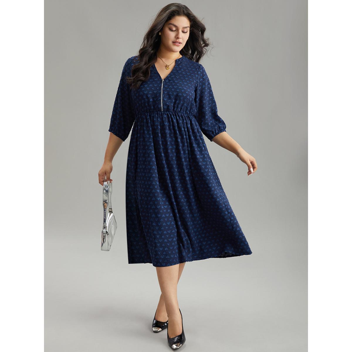 Plus Size Plain Heart Textured Half Zip Notched Dress Indigo Women Office Elastic cuffs Notched collar Elbow-length sleeve Curvy Midi Dress BloomChic 28/5X Product Image