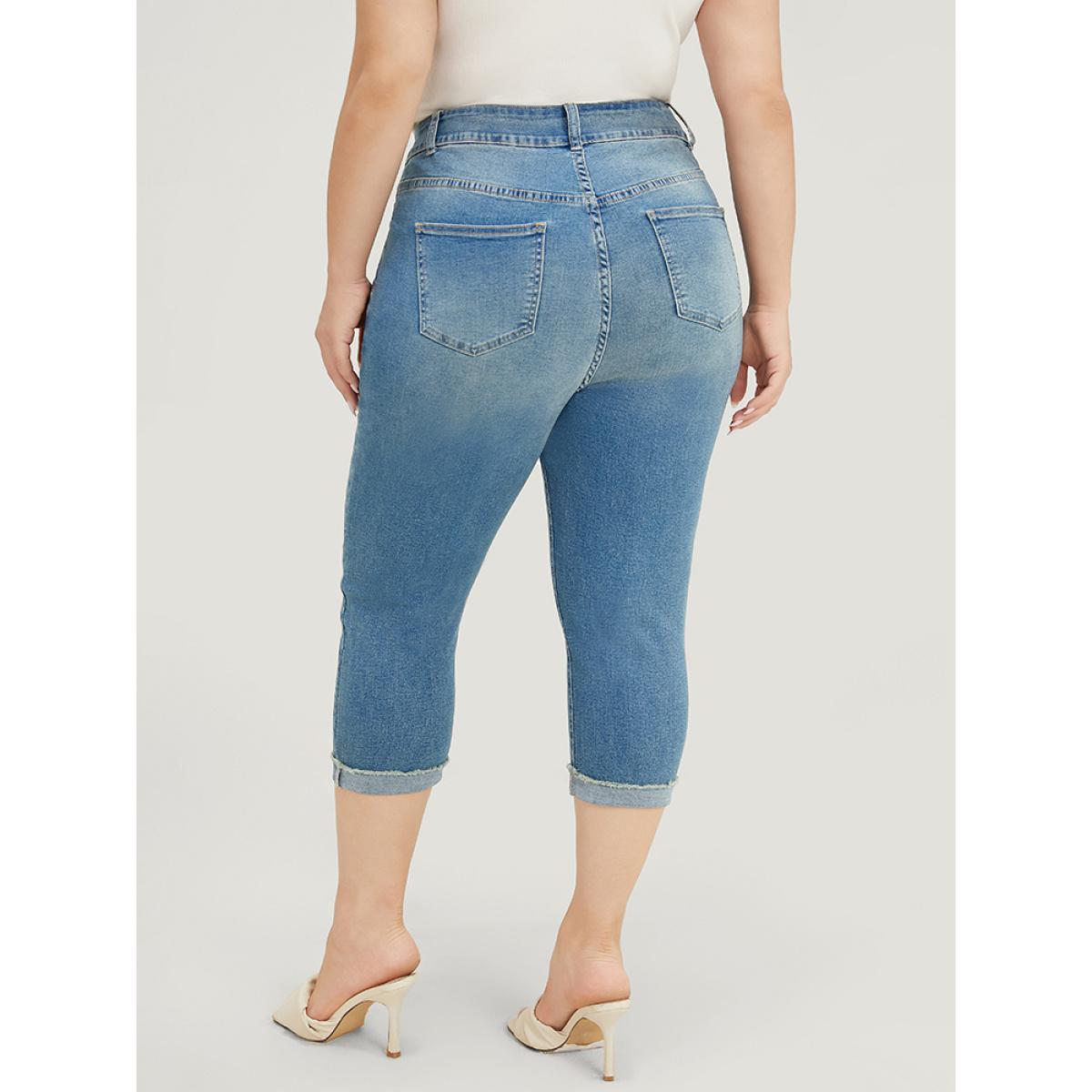 Plus Size Very Stretchy High Rise Medium Wash Roll Hem Cropped Jeans Women Cerulean Casual Plain High stretch Pocket Jeans BloomChic 12/L Product Image