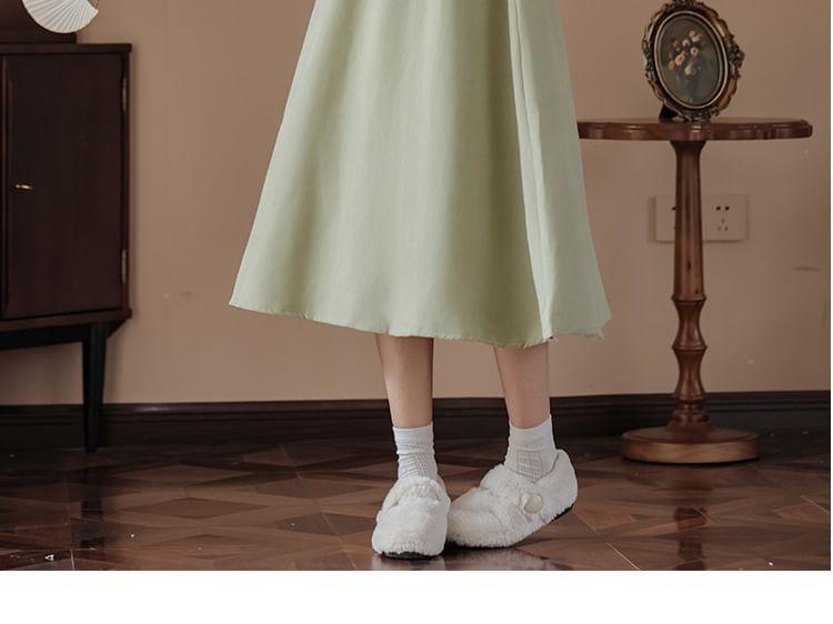 Mock Two-Piece Puff-Sleeve Stand Collar Rabbit Embroidered Midi Dress Product Image