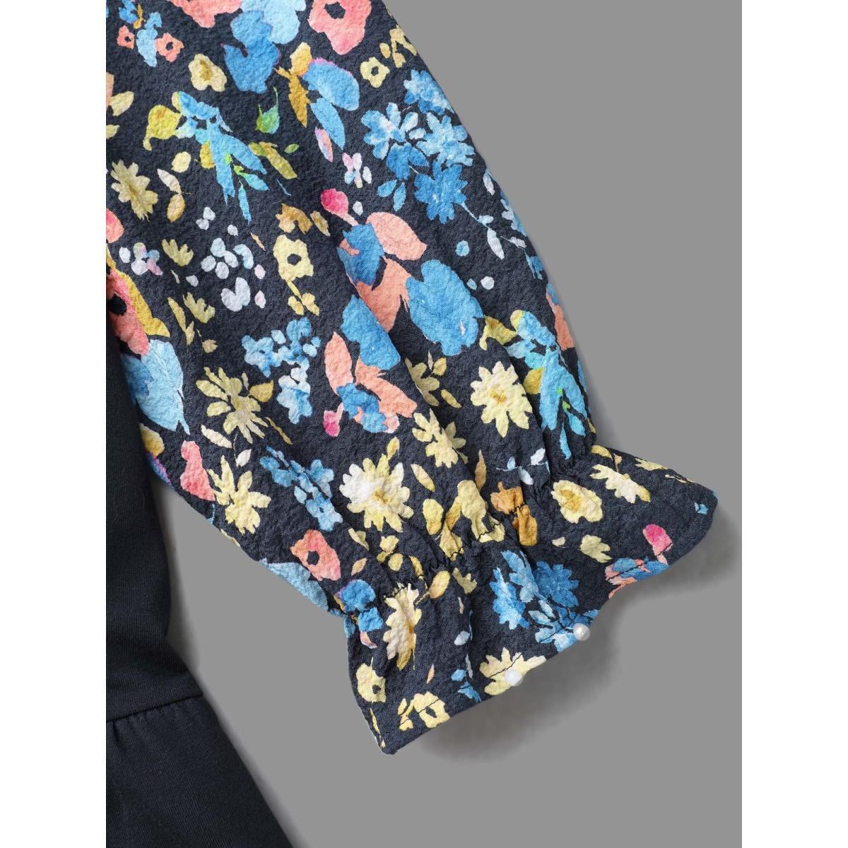 Plus Size Floral Spliced Tiered Hem T-Shirt Indigo Women Elegant Contrast Natural Flowers Round Neck Everyday T-shirts BloomChic 18-20/2X Product Image