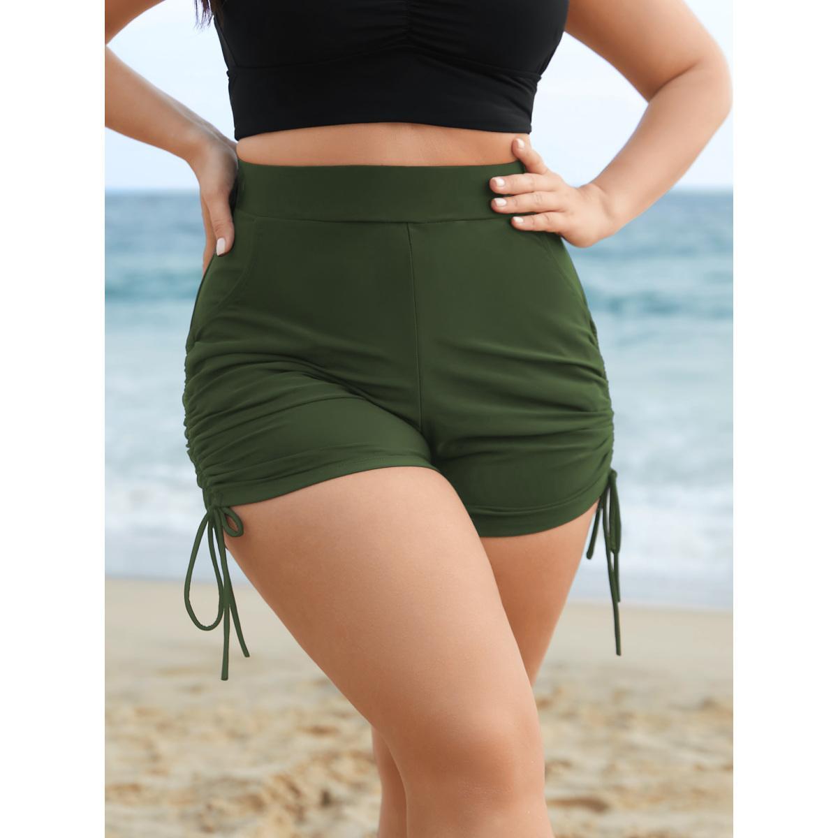 Plus Size Ruched Drawstring Pocket Slim Swim Bottom Women's Swimwear ArmyGreen Beach Gathered High stretch Skinny High Rise Slanted pocket Curve Swim Bottoms BloomChic 18-20/2X Product Image