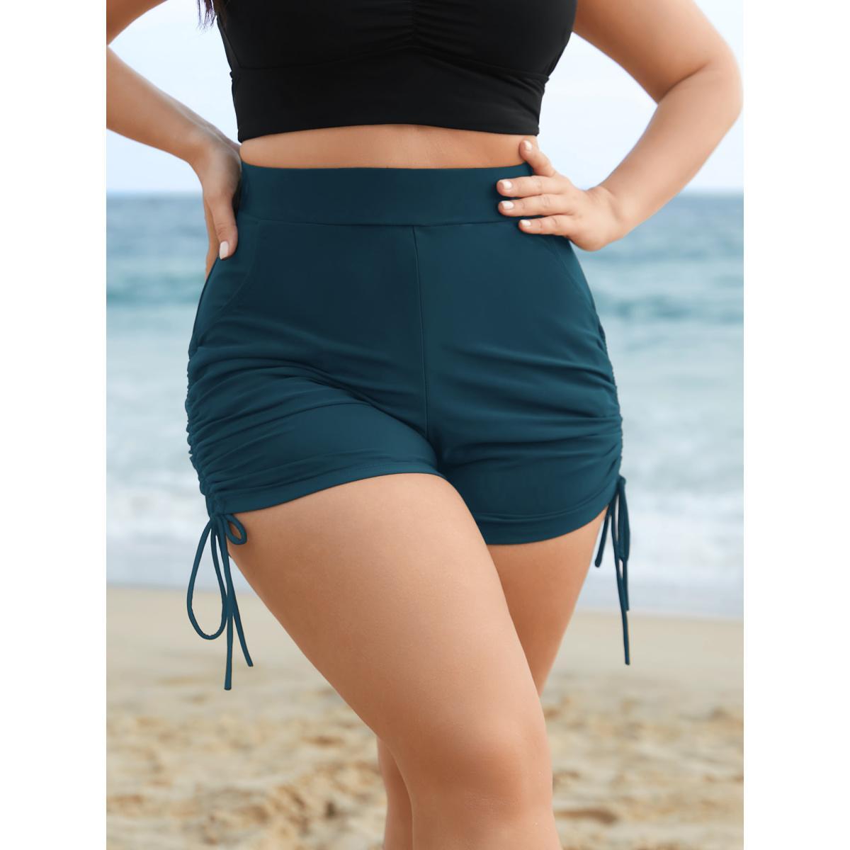 Plus Size Ruched Drawstring Pocket Slim Swim Bottom Women's Swimwear Cyan Beach Gathered High stretch Skinny High Rise Slanted pocket Curve Swim Bottoms BloomChic 12/L Product Image