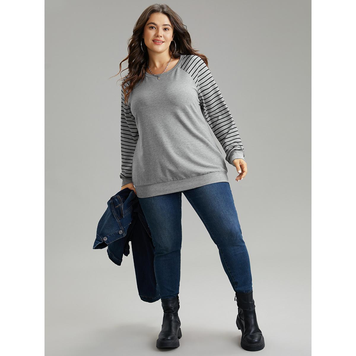 Plus Size Striped Patchwork Crew Neck Raglan Sleeve Sweatshirt Women Gray Casual Contrast Round Neck Dailywear Sweatshirts BloomChic 30/6X Product Image