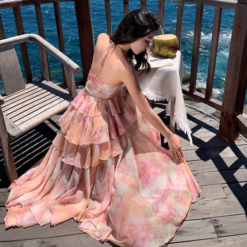 Halter-Neck Floral Print Asymmetrical Ruffled Maxi Sundress Product Image