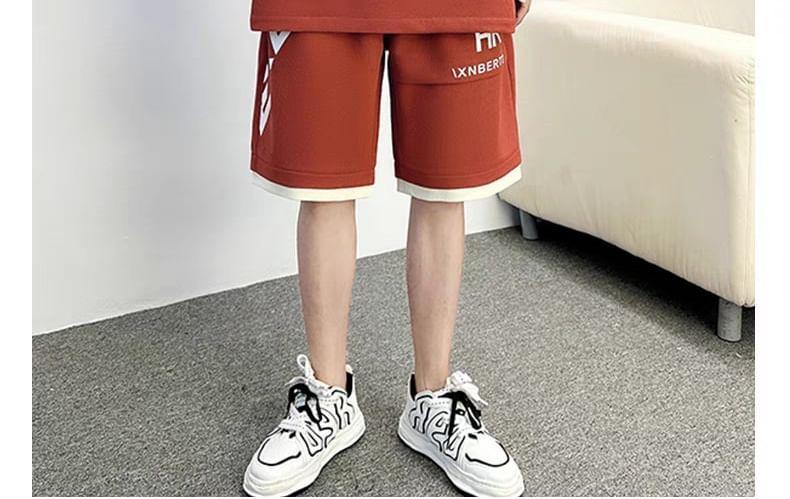 Set: 3/4-Sleeve Crew Neck Lettering Print T-Shirt + Drawstring Waist Wide Leg Sweat Shorts Product Image