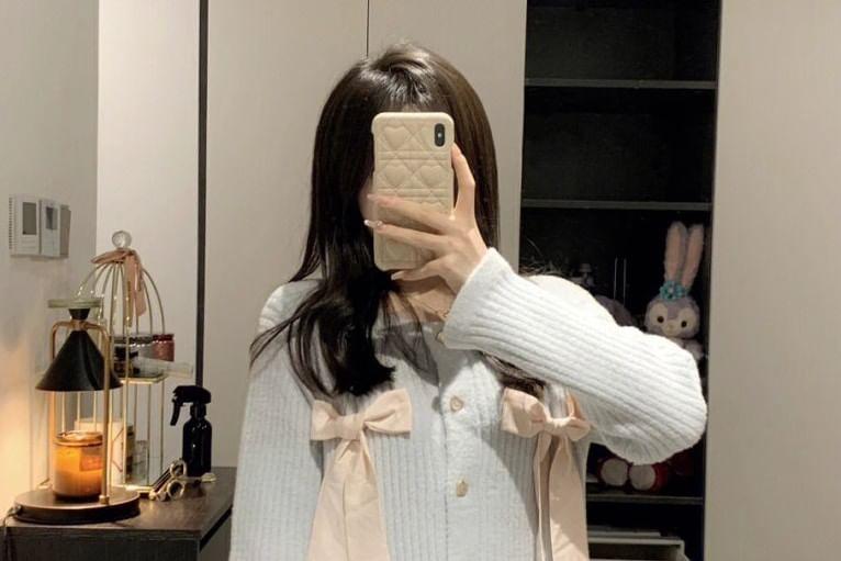 Pajama Set: Round Neck Bow Heart Button Cardigan + Straight Leg Pants Product Image