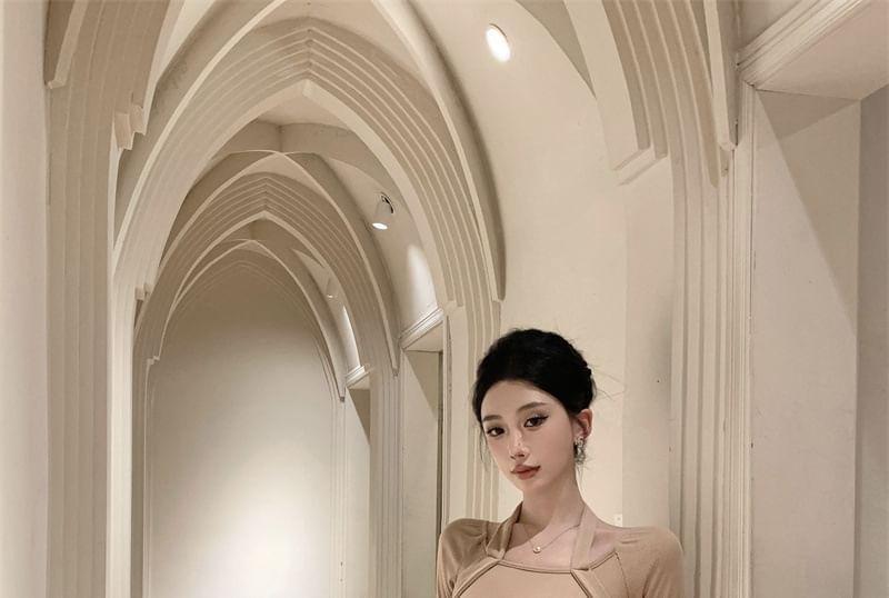 Long-Sleeve Halter-Neck Plain Tie-Front Mini Bodycon Dress Product Image