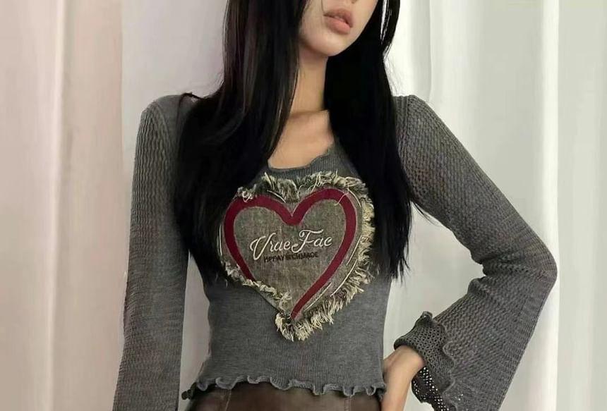 Bell Sleeve Scoop Neck Heart Applique Knit Crop Top Product Image