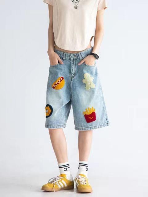 Low Waist Washed Embroidered Denim Shorts Product Image