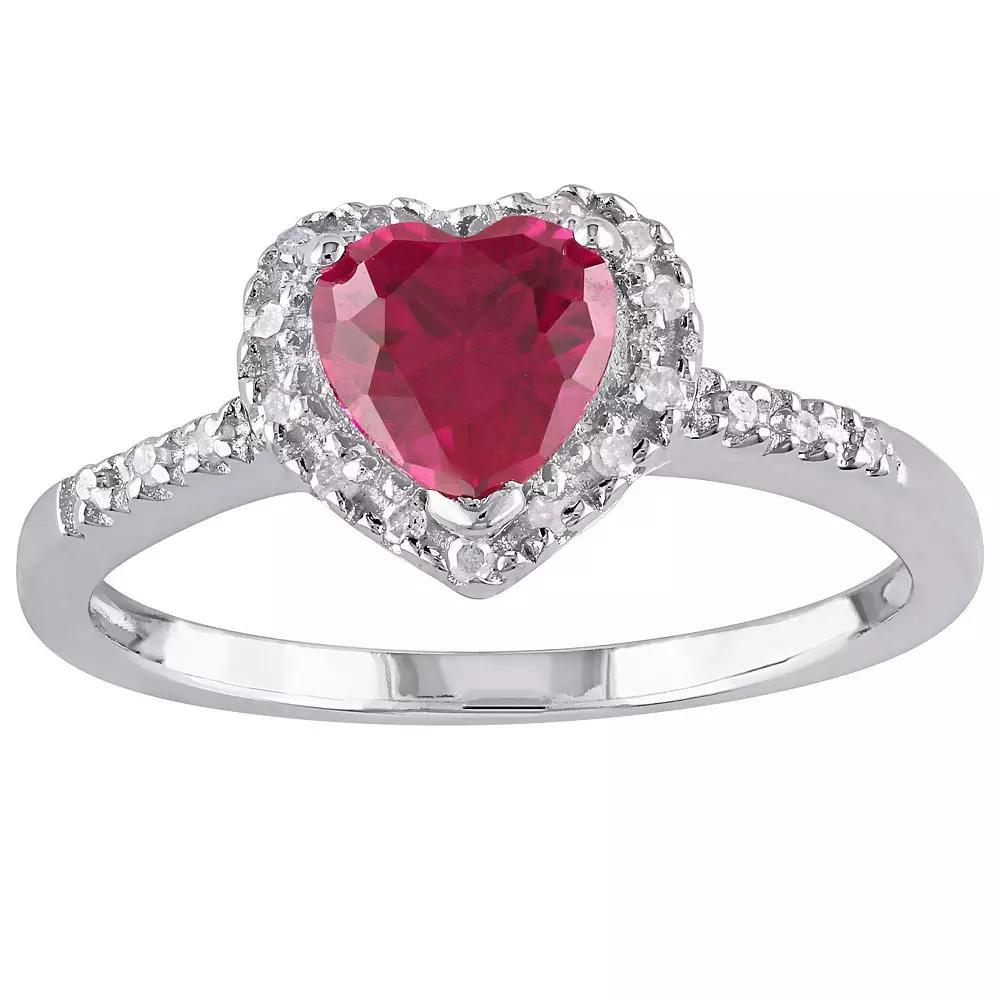 Stella Grace Sterling Silver Lab Created Ruby & 1/10 Carat T.W. Diamond Heart Halo Ring, Women's, Size: 9.50 Product Image