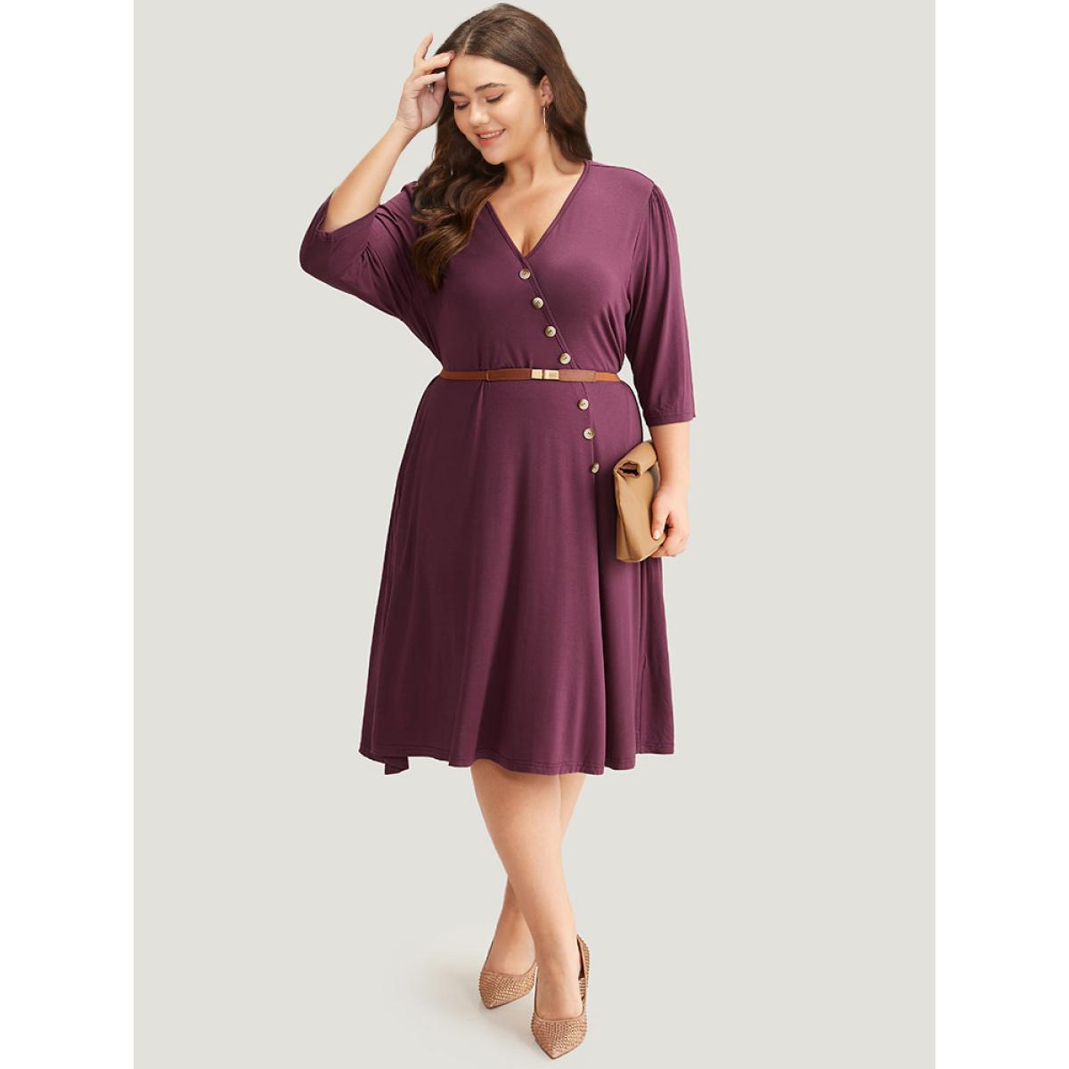 Plus Size Asymmetrical Button Detail Ruffle Hem Dress Purple Women Office Plain V-neck Elbow-length sleeve Curvy Midi Dress BloomChic 28/5X Product Image