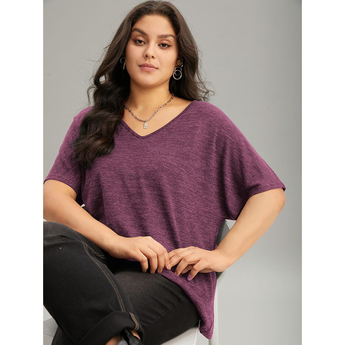 Plus Size Solid Heather V Neck Dolman Sleeve T-shirt DustyPink Women Casual Plain Plain V-neck Everyday T-shirts BloomChic 10/M Product Image