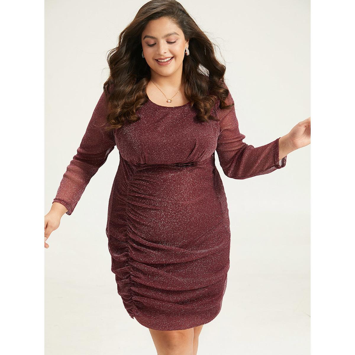 Plus Size Lurex Glitter Crew Neck Mesh Patchwork Gathered Dress Burgundy Women Casual Gathered Round Neck Long Sleeve Curvy Midi Dress BloomChic 30/6X Product Image