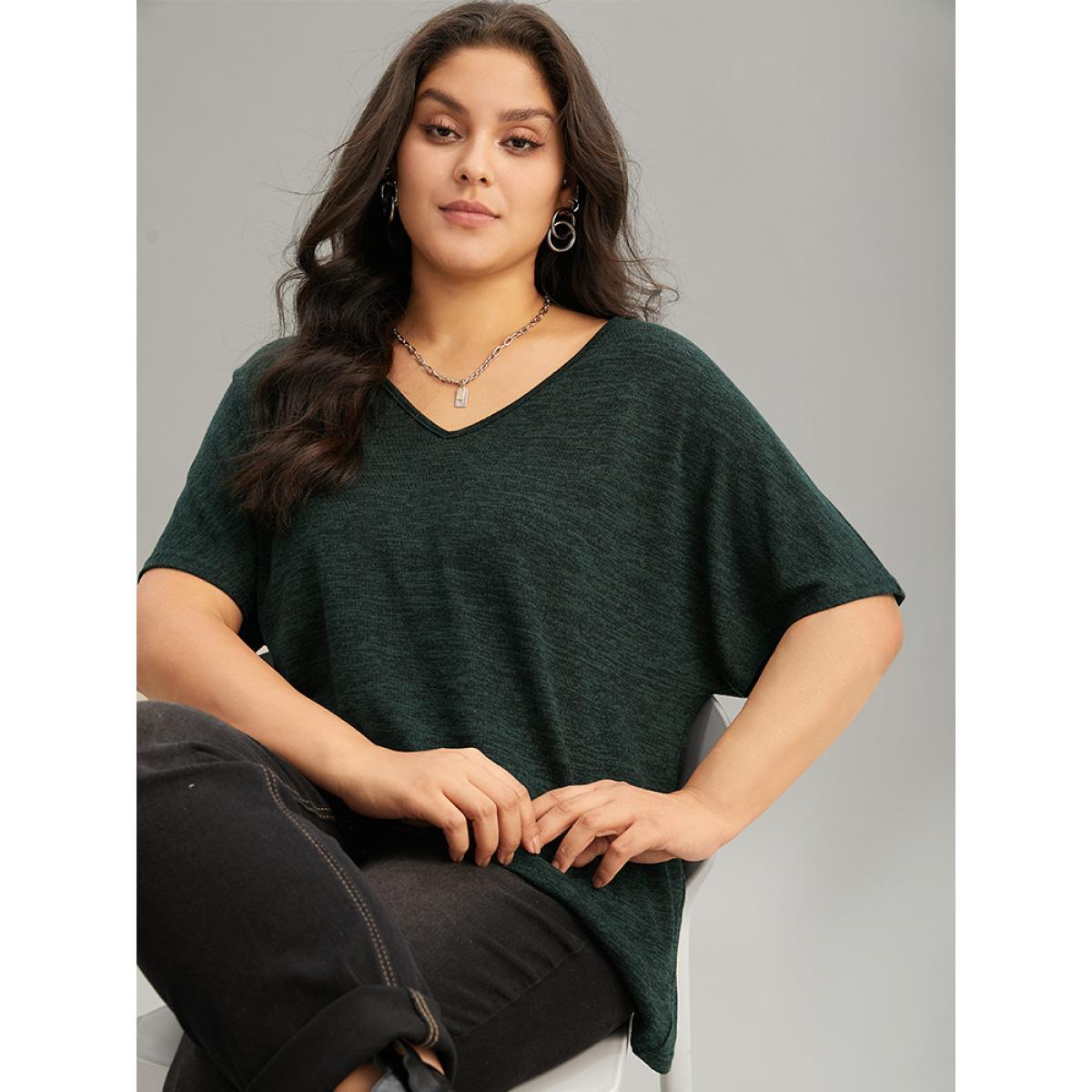 Plus Size Solid Heather V Neck Dolman Sleeve T-shirt DarkGreen Women Casual Plain Plain V-neck Everyday T-shirts BloomChic 30/6X Product Image