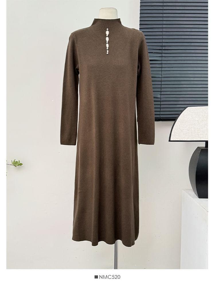 Window-Front Mock-Neck Knit Midi Dress in 5 Colors Product Image