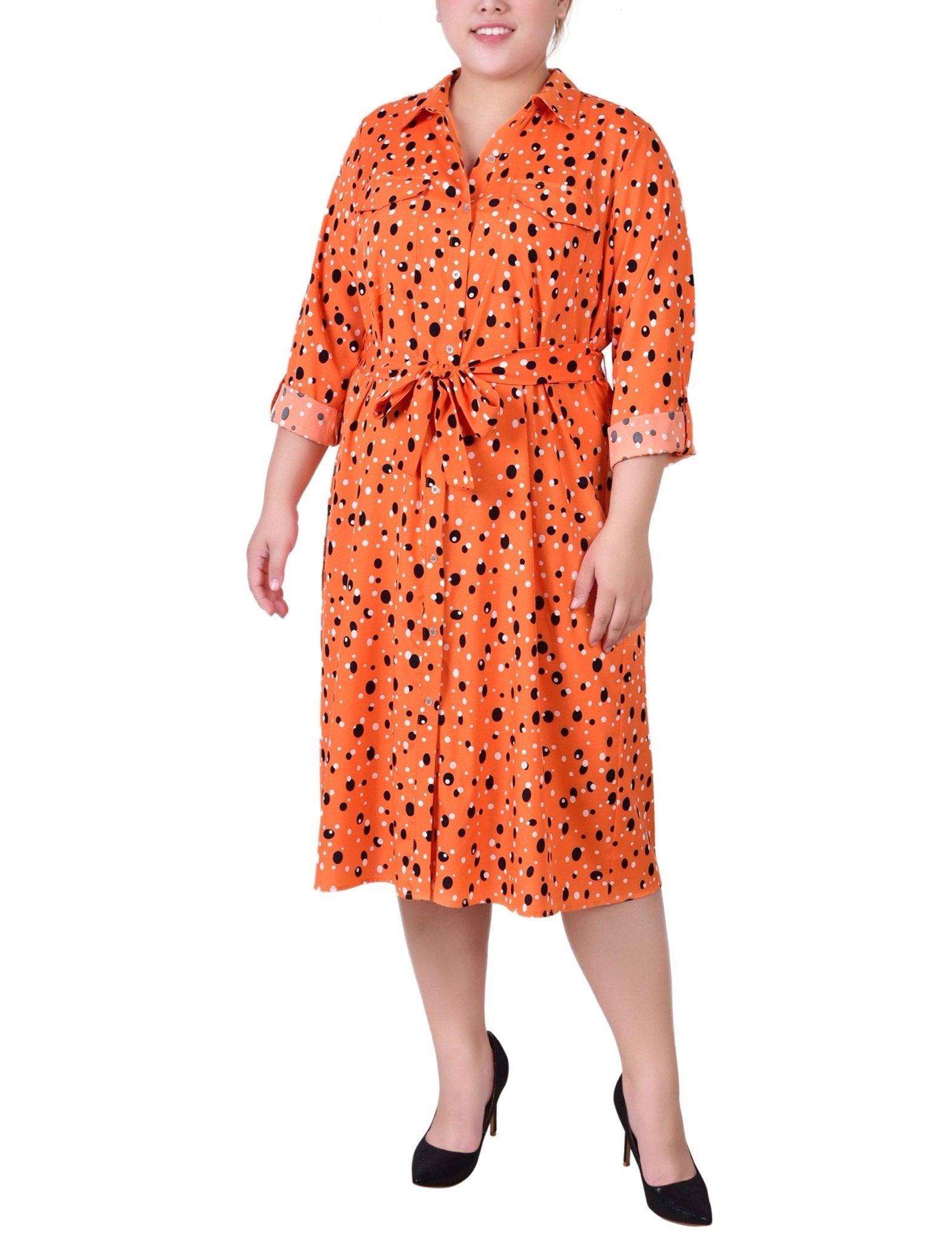 Rust Black Bubble 3/4 Roll Tab Sleeve Belted Shirtdress - Plus Product Image