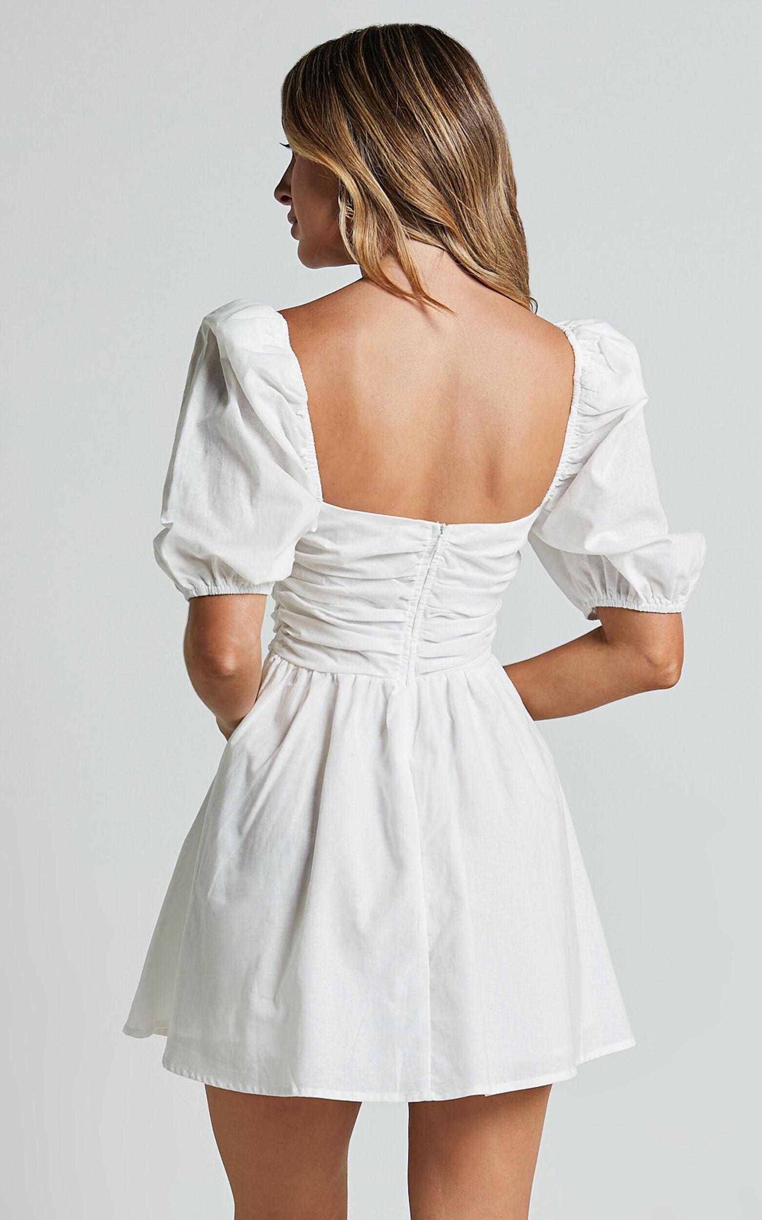 Claudina Mini Dress - Linen Look Puff Sleeve Ruched Bodice Dress in White Product Image