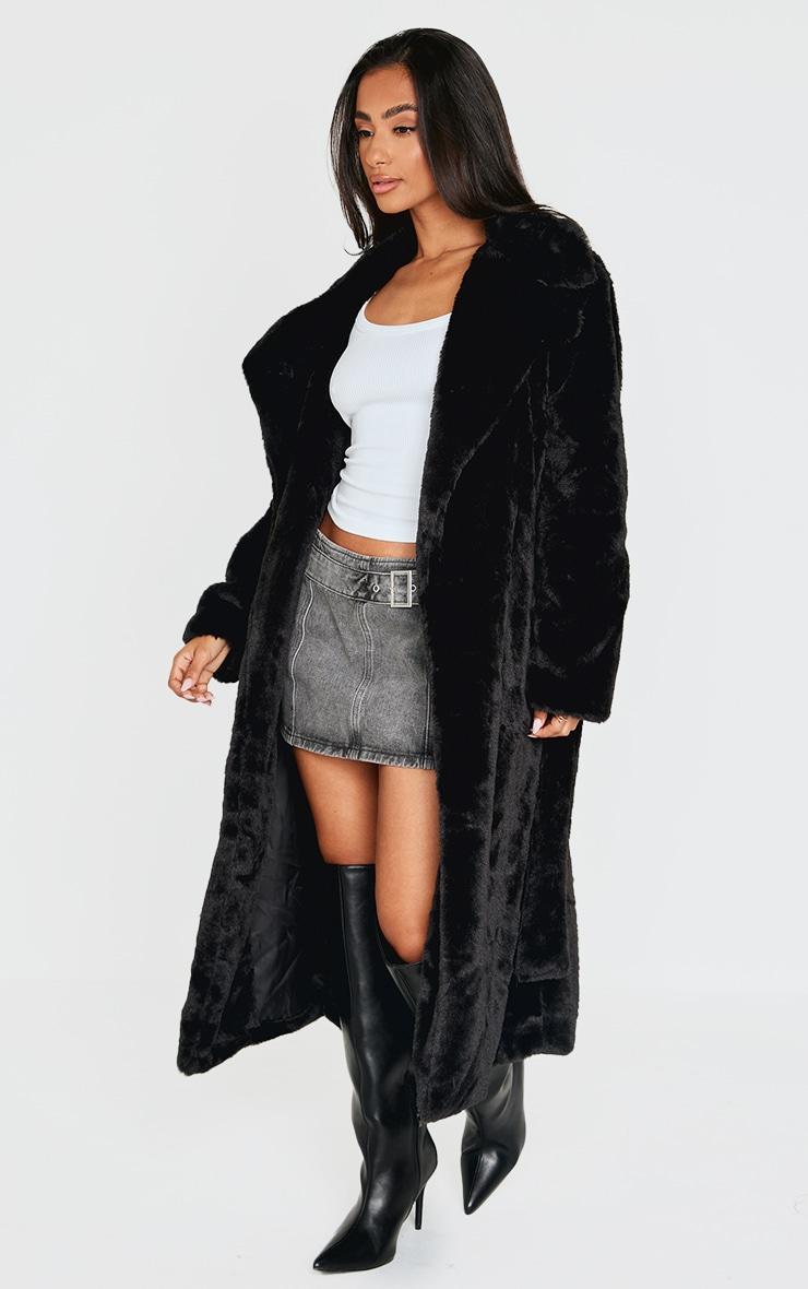 Petite Black Belted Faux Fur Coat Product Image