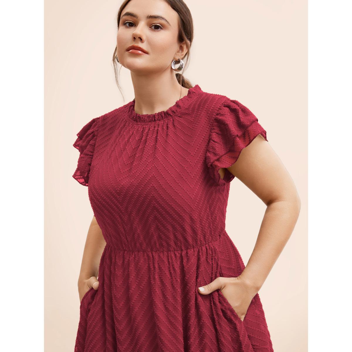 Plus Size Plain Geometric Layered Sleeve Pocket Ruffle Mock Neck Dress Rosered Women Office See through Round Neck Cap Sleeve Curvy Midi Dress BloomChic 14-16/1X Product Image