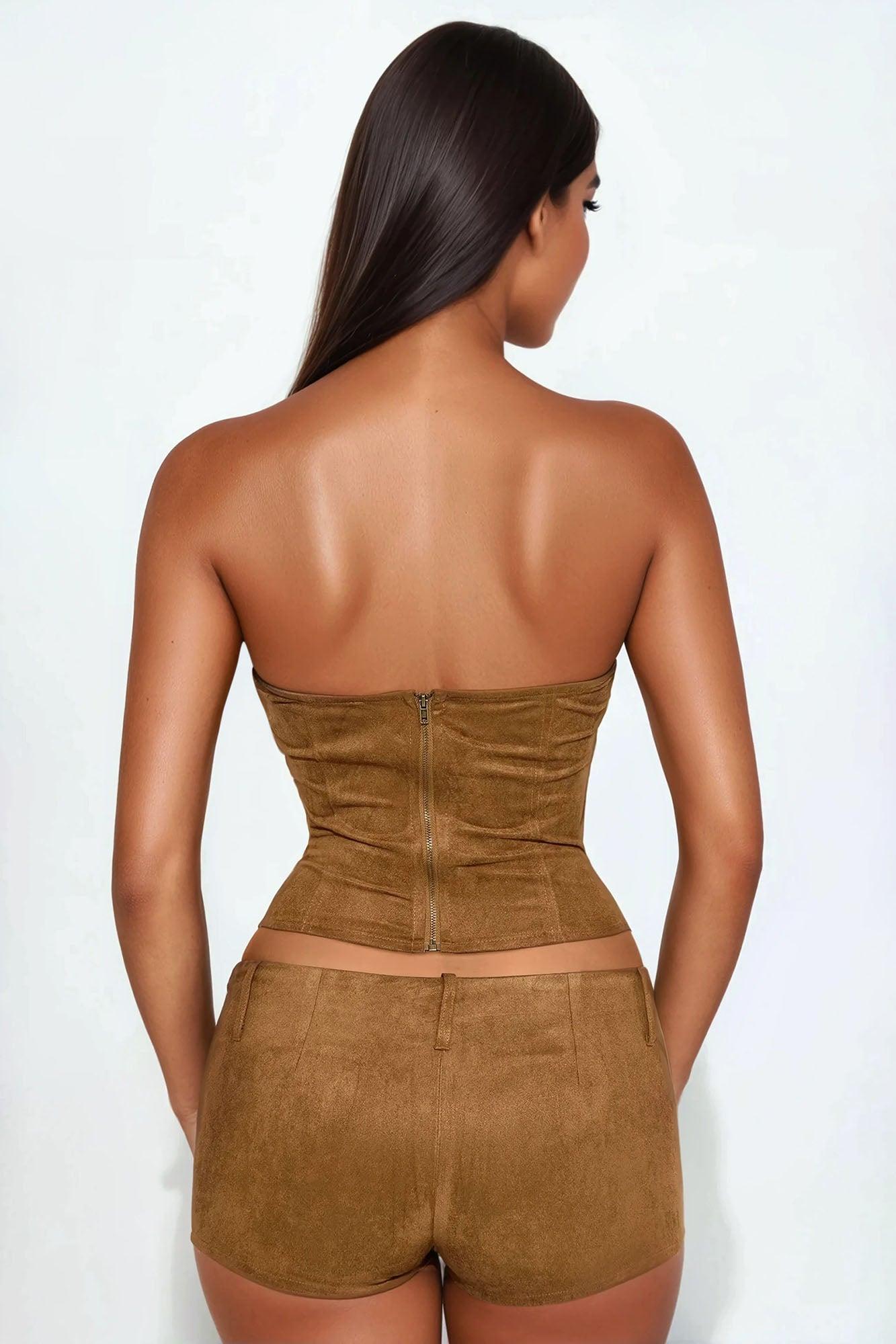Spicy Chic Faux Leather Corset Short Set - Brown Product Image