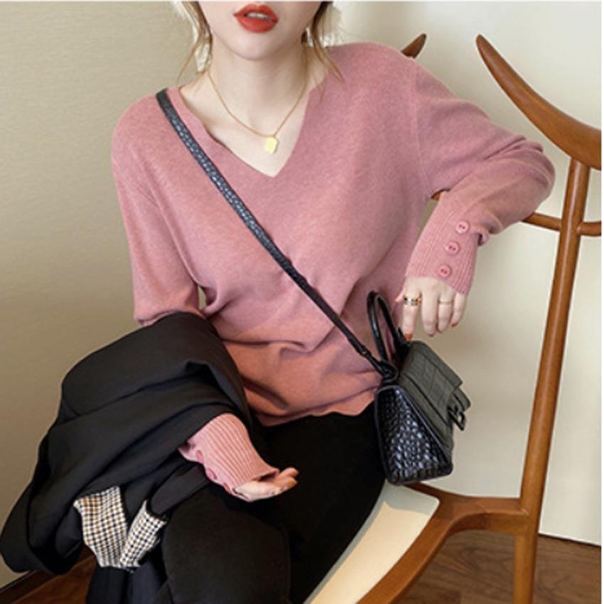 Long Sleeve V-Neck Plain Knit Top Product Image