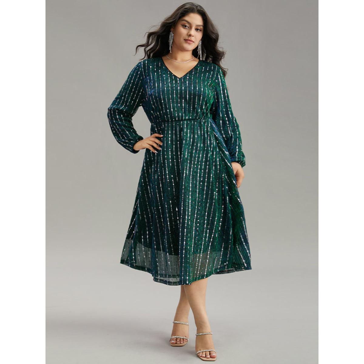 Plus Size Sequin Mesh V Neck Elastic Waist Dress DarkSlateGray Women Cocktail Sequin V-neck Long Sleeve Curvy Midi Dress BloomChic 14-16/1X Product Image