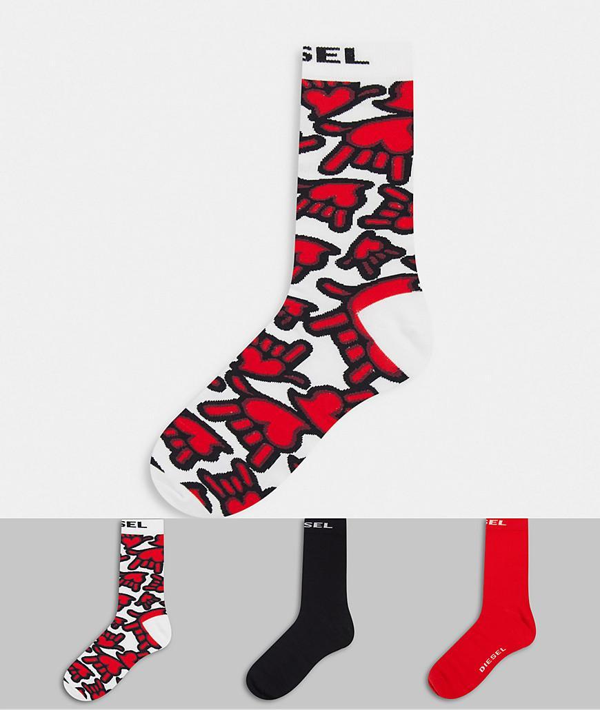Diesel 3 pack socks with hand print in white/black/red Product Image