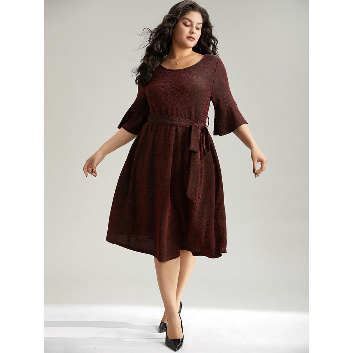 Plus Size Lurex Belted Flutter Sleeve Dress Raspberry Women Elegant Plain Round Neck Elbow-length sleeve Curvy Midi Dress BloomChic 22-24/3X Product Image