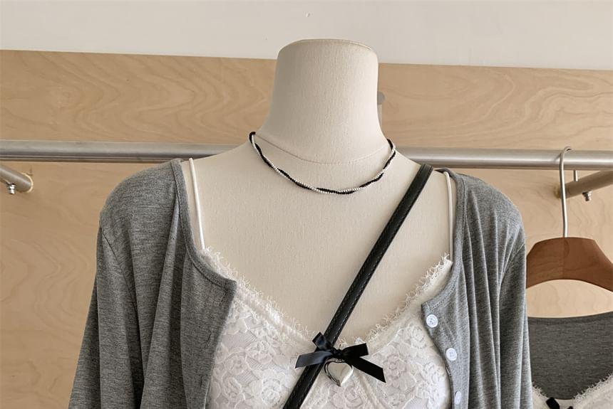 Set: V-Neck Lace Trim Camisole Top + Plain Cardigan + High Waist Plain Tiered Mini A-Line Skirt Product Image