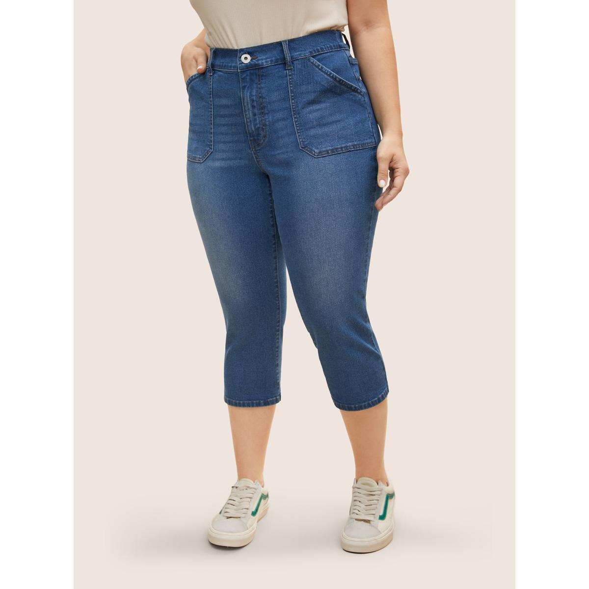 Plus Size Medium Wash Roll Hem Pull On Jegging Jeans Women Denimblue Casual Roll Hem Medium stretch Slanted pocket Jeans BloomChic 30/6X Product Image