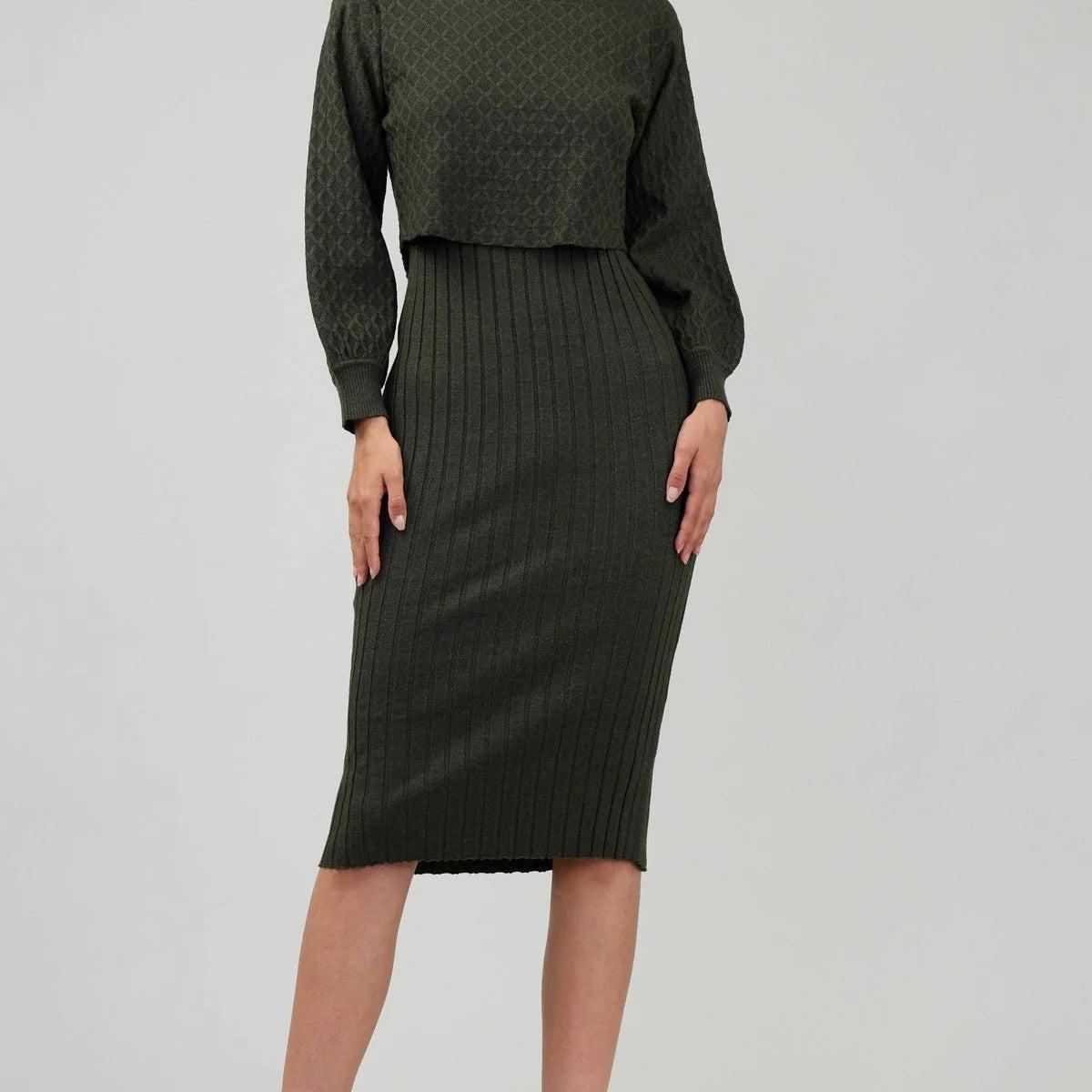 Mock Neck Cable Knit Sweater Midi Dress Product Image