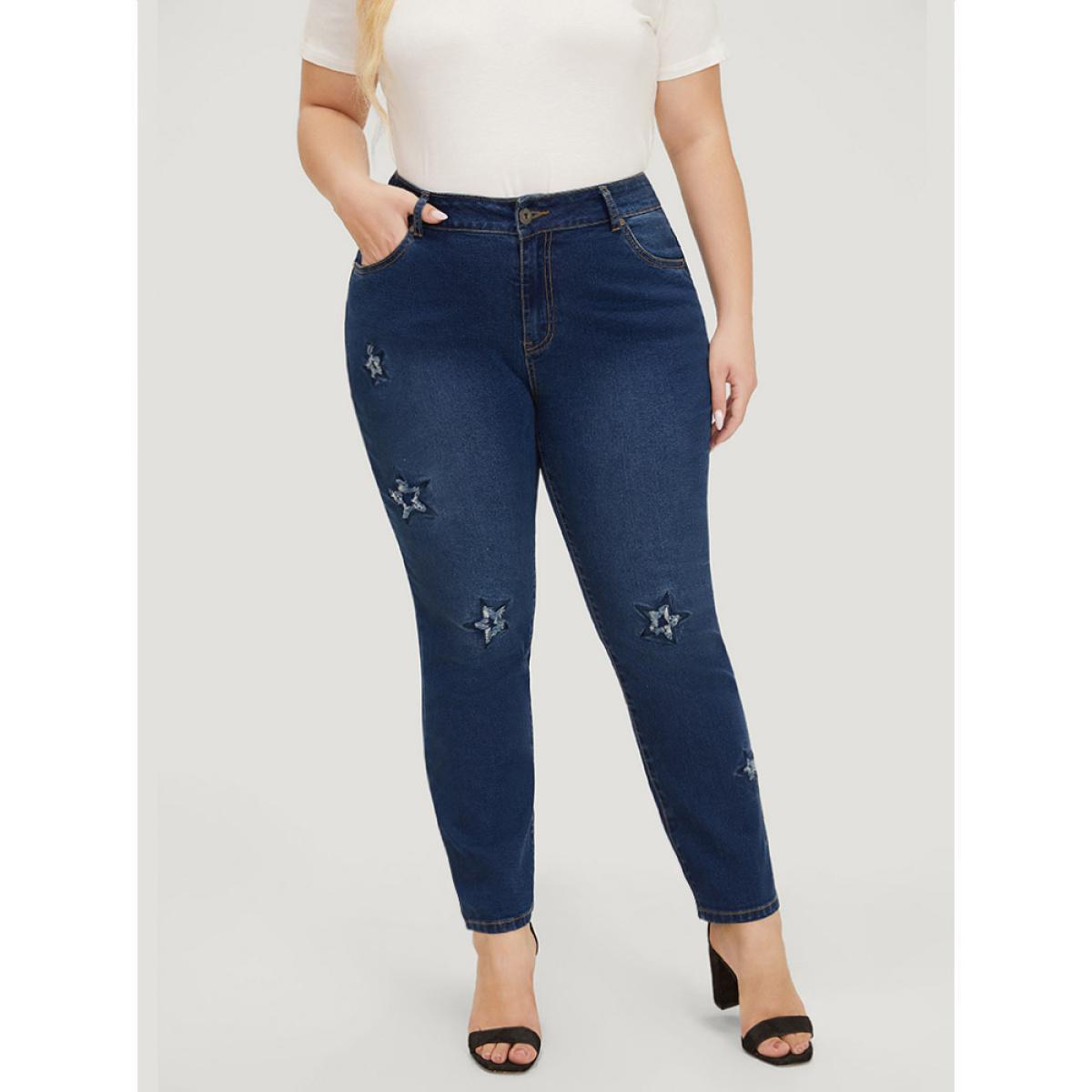 Plus Size Very Stretchy High Rise Medium Wash Star Embroidery Jeans Women Blue Casual Star and moon Embroidered High stretch Jeans BloomChic 24/3X Product Image
