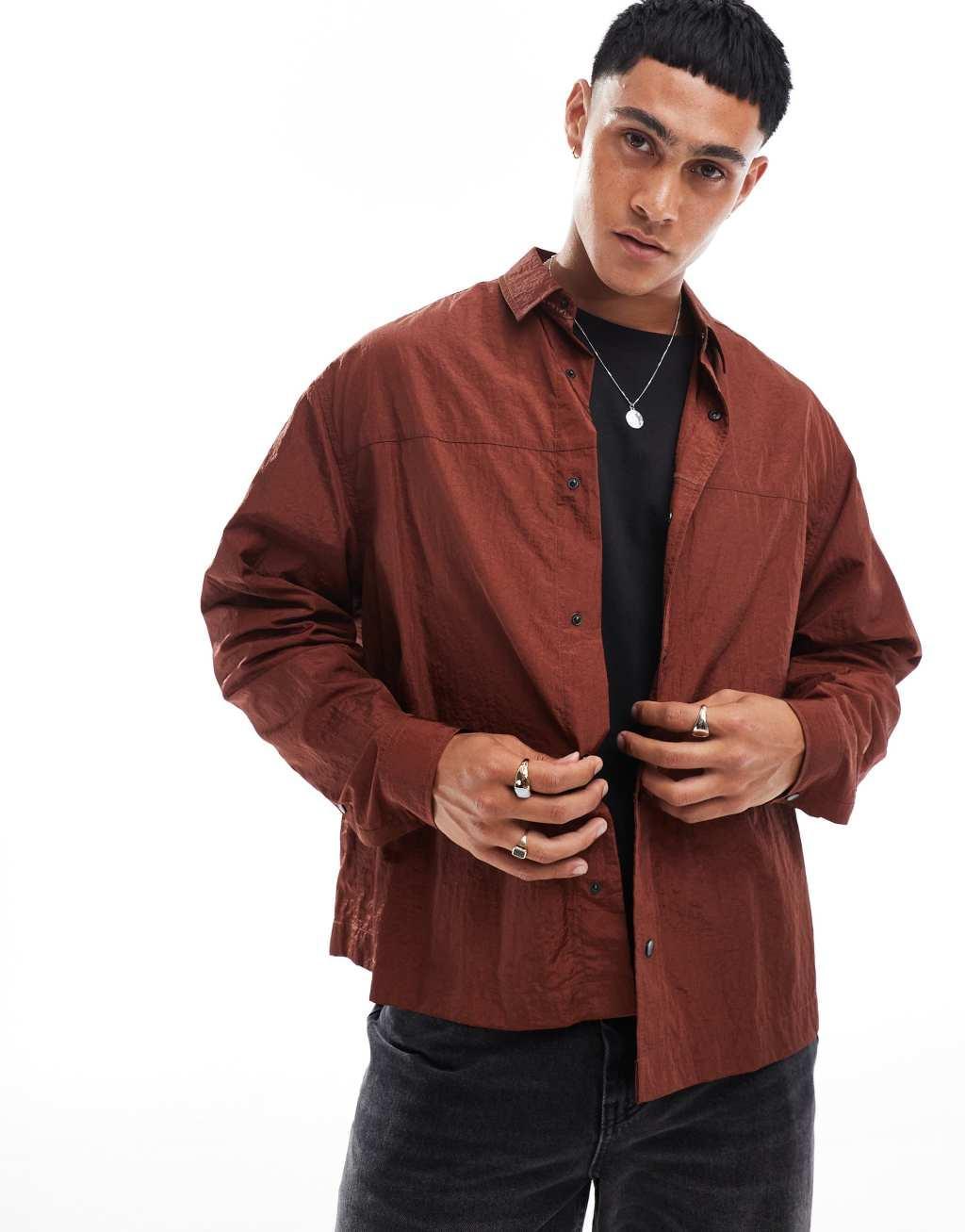 ASOS DESIGN boxy nylon shirt in brown Product Image