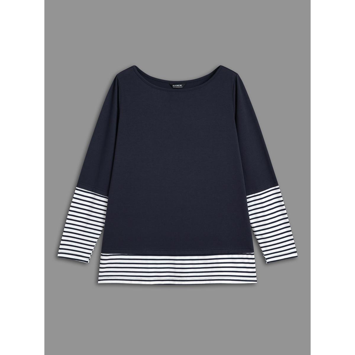 Plus Size Boat Neck Striped Patchwork T-Shirt Indigo Women Casual Contrast Boat Neck Everyday T-shirts BloomChic 30/6X Product Image