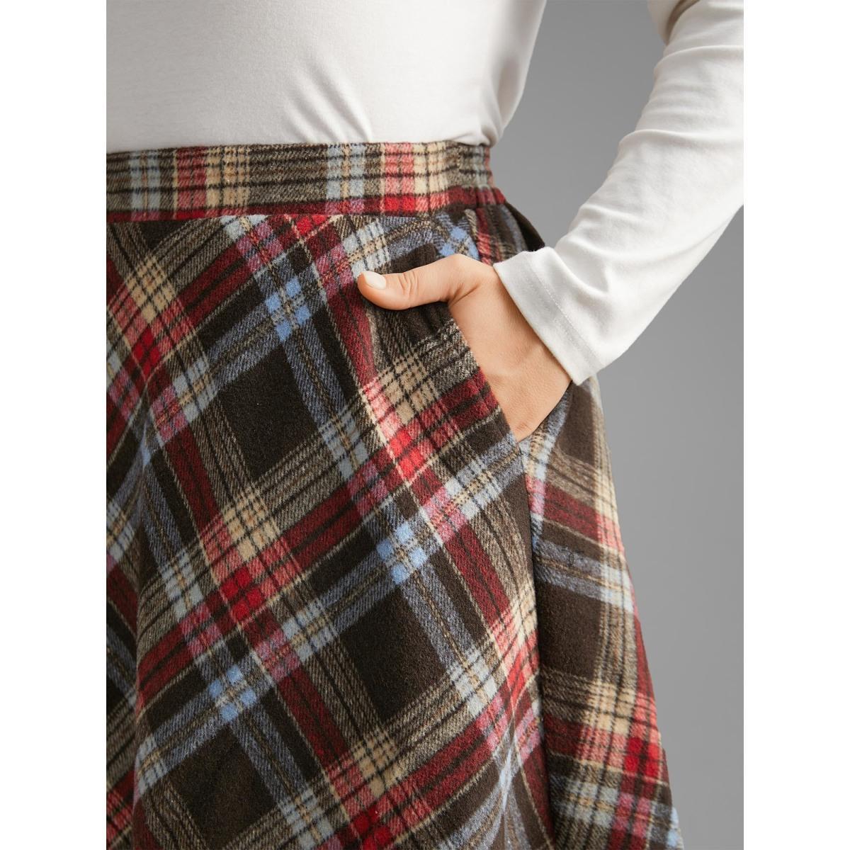 Plus Size Plaid Pattern Elastic Waist A-line Mini Skirt Women DarkBrown Elegant Low stretch Slanted pocket Everyday Skirts BloomChic 22-24/3X Product Image