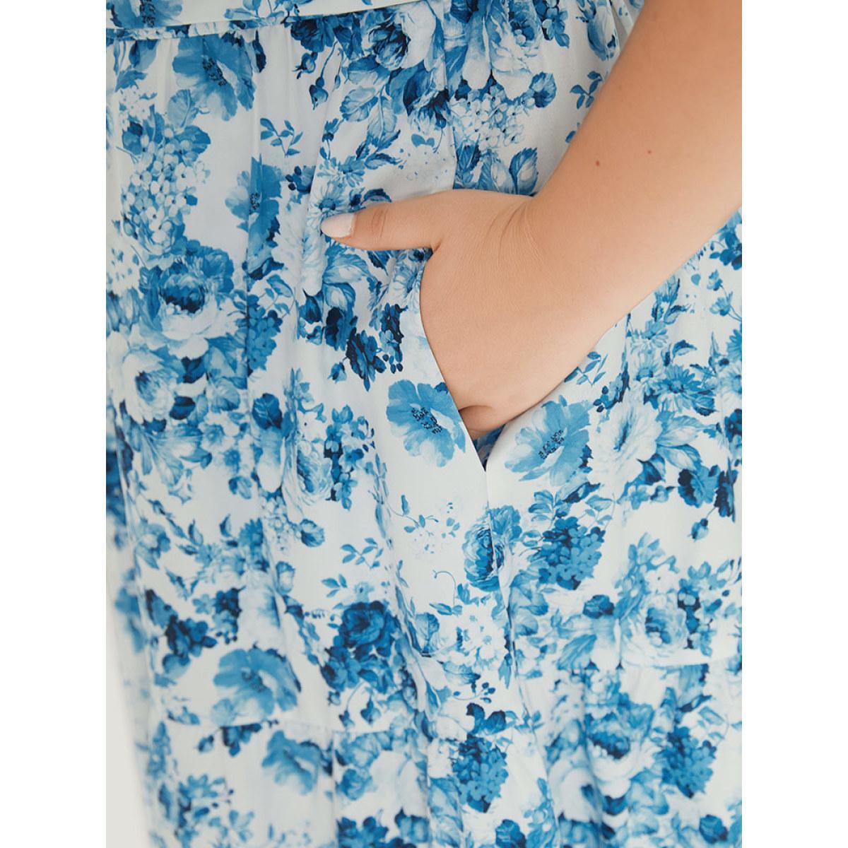 Plus Size Batik Plicated Detail Square Neck Puff Sleeve Dress Blue Women Elegant Elastic cuffs Square Neck Short sleeve Curvy Midi Dress BloomChic 14-16/1X Product Image