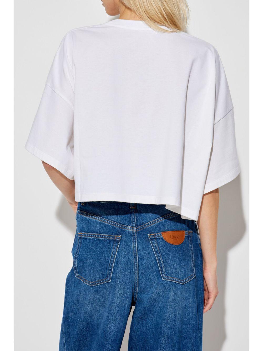 CHLOÉ White Cropped Crewneck T-shirt With Maxi Logo Print On The Front In Cotton Woman In Multicolor Product Image