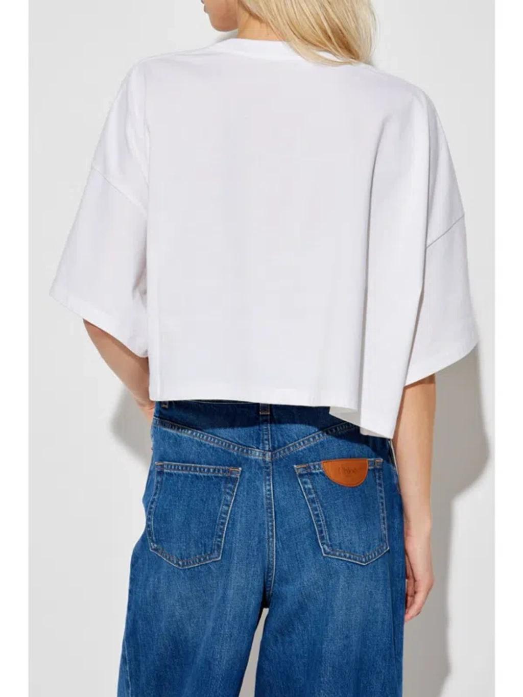 CHLOÉ White Cropped Crewneck T-shirt With Maxi Logo Print On The Front In Cotton Woman In Multicolor Product Image