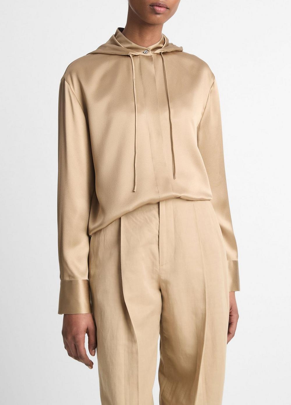 Womens Silk Hooded Button-Front Shirt, Rye, Size L Vince Product Image