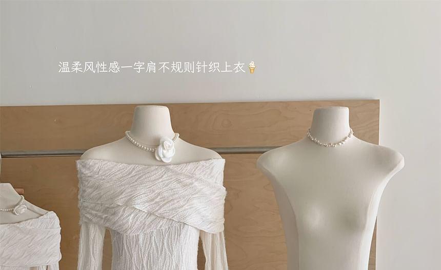 Set: Long Sleeve Off Shoulder Plain Ruffle Asymmetrical Top + High Rise Plain Gathered Mini A-Line Skirt Product Image