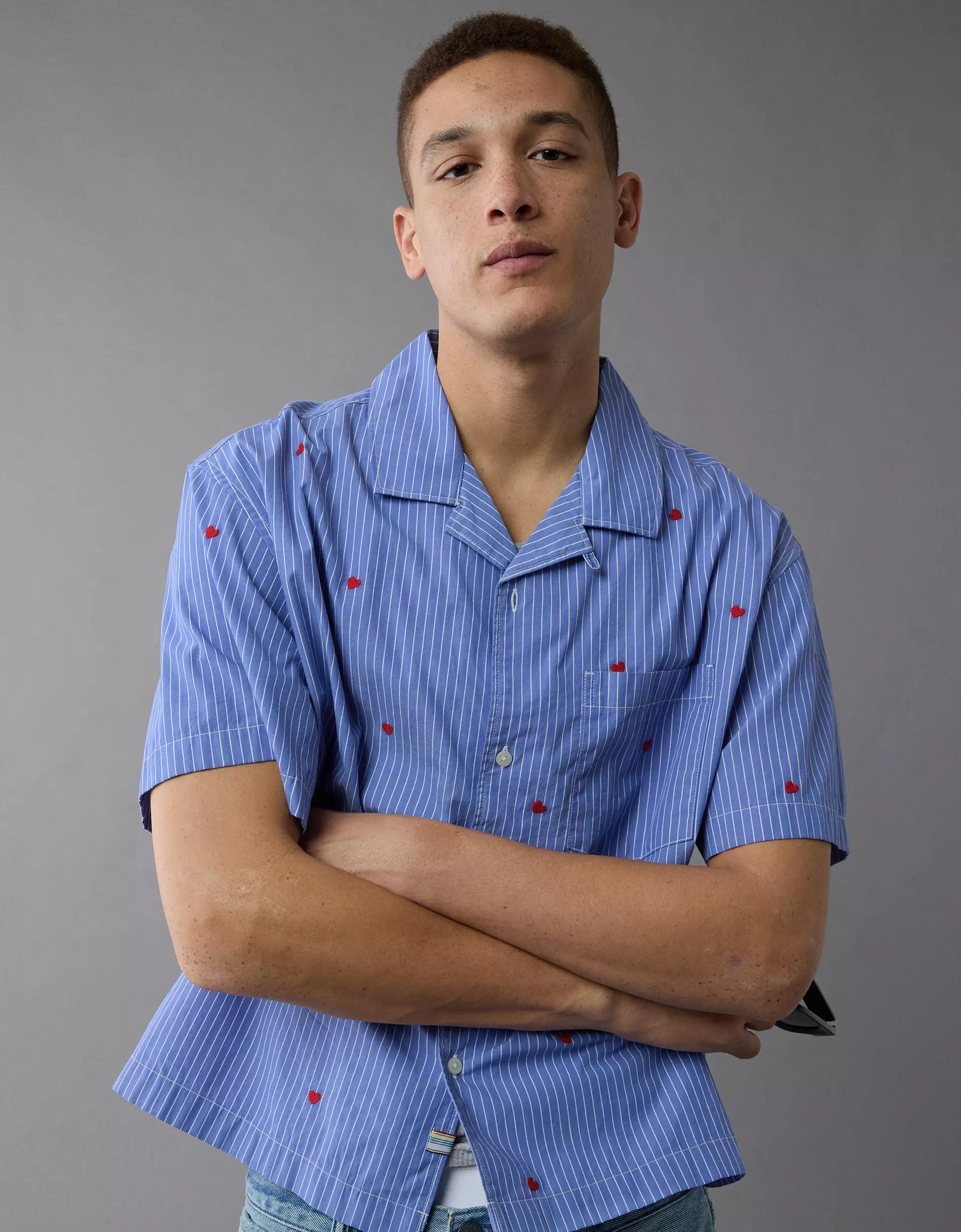 AE Pride Poolside Embroidered Striped Button-Up Shirt Product Image