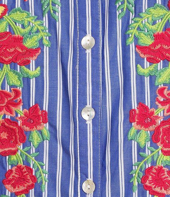 Calessa Embroidered Stripe High Ruffle Split V-Neck Elbow Sleeve Button Front Tunic Product Image