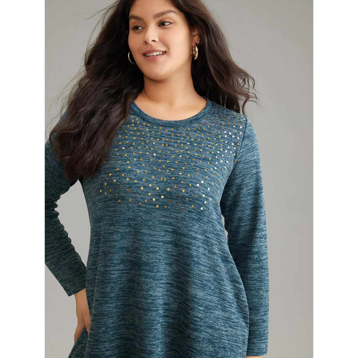 Plus Size Sequin Heather Pocket Long Sleeve Dress Aegean Women Basics Sequin Round Neck Long Sleeve Curvy Midi Dress BloomChic 26/4X Product Image