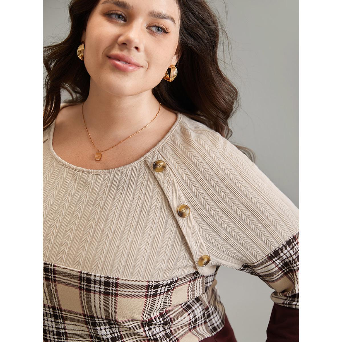 Plus Size Colorblock Contrast Button Detail Plaid Sweatshirt Women Burgundy Elegant Contrast Round Neck Dailywear Sweatshirts BloomChic 12/L Product Image