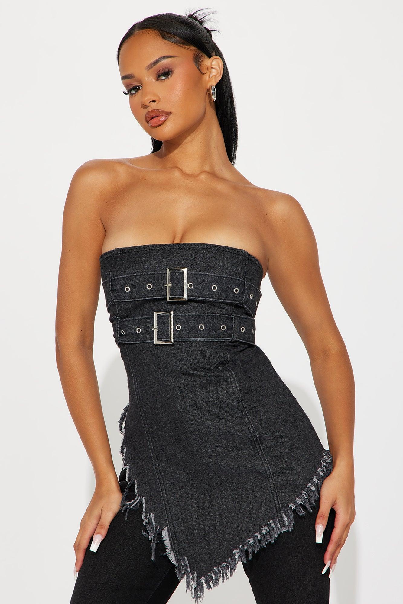 Street Smart Washed Asymmetrical Denim Top - Black Wash Product Image