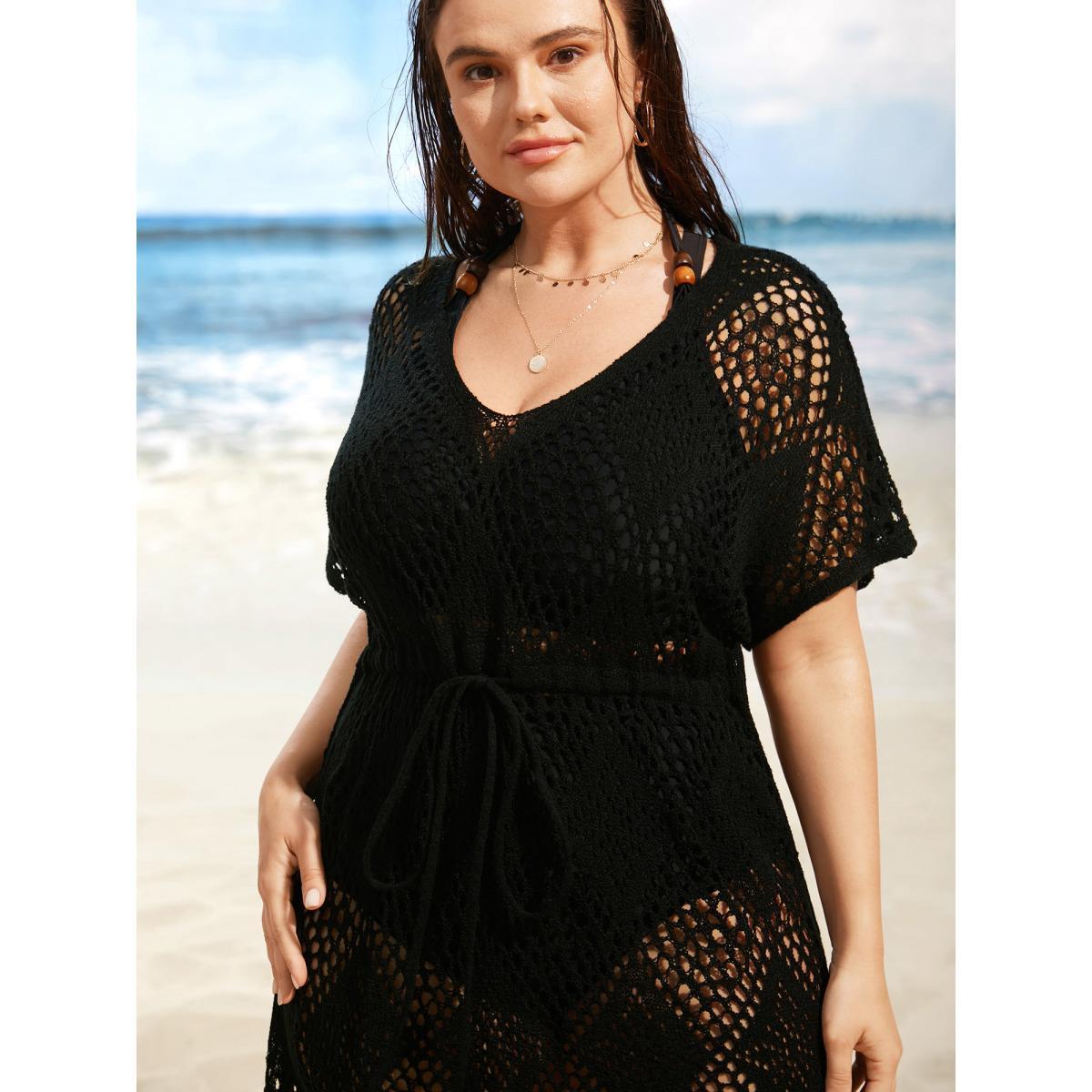 Plus Size Geometric Cut Out Drawstring Dolman Sleeve Swim Cover Up Women's Swimwear Black Beach Loose Texture Curve Swim Cover Ups BloomChic 10/M Product Image