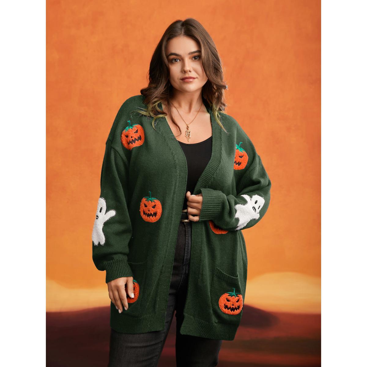 Plus Size Pumpkin Ghost Embroidery Open Cardigan ArmyGreen Women Casual Loose Long Sleeve Everyday Cardigans BloomChic 14-16/1X Product Image
