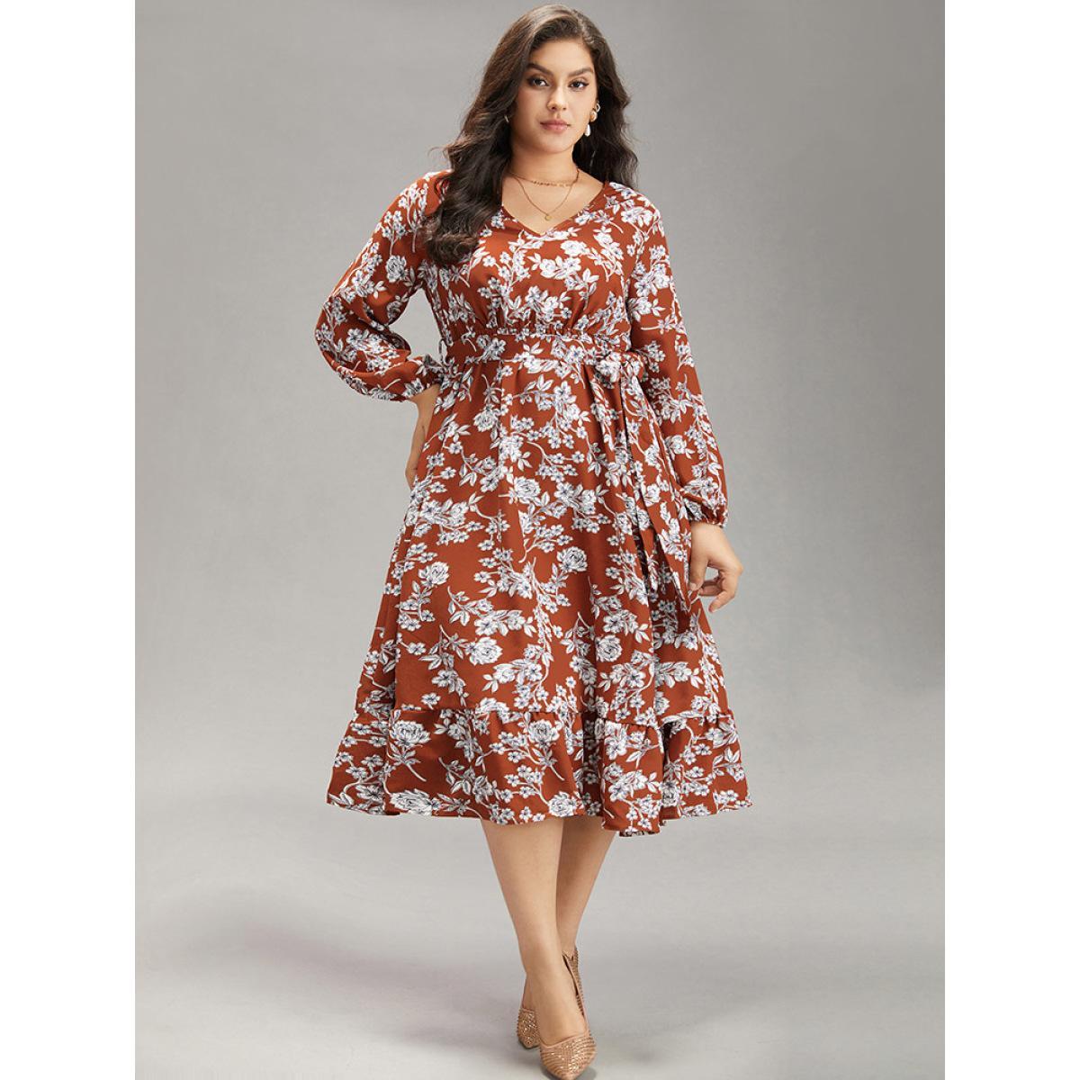 Plus Size Floral Print Elastic Cuffs Ruffle Hem Dress Rust Women Elegant Elastic cuffs V-neck Long Sleeve Curvy Midi Dress BloomChic 26/4X Product Image