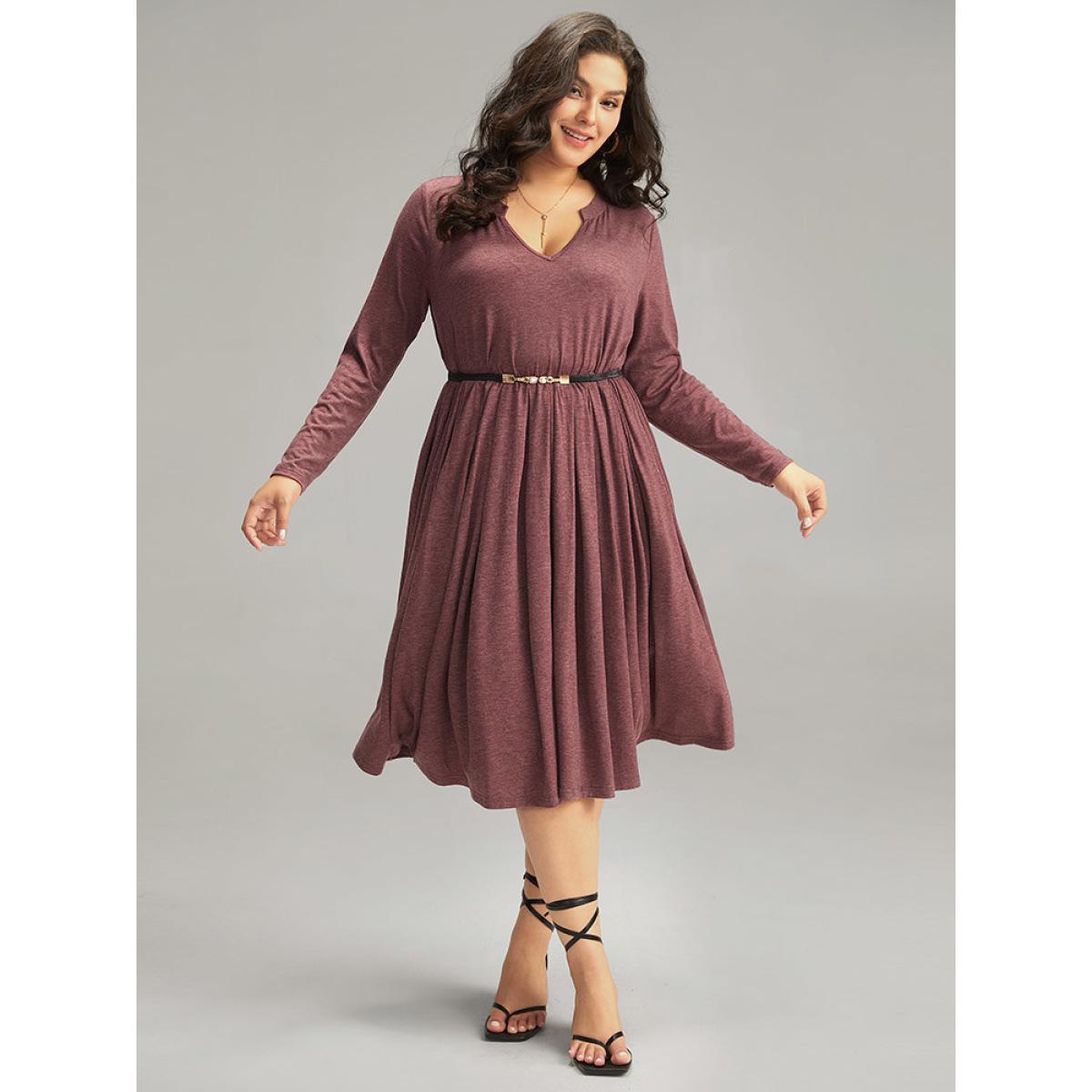 Plus Size Supersoft Essentials Notched Elastic Waist Dress Russet Women Elegant Gathered Notched collar Long Sleeve Curvy Midi Dress BloomChic 28/5X Product Image